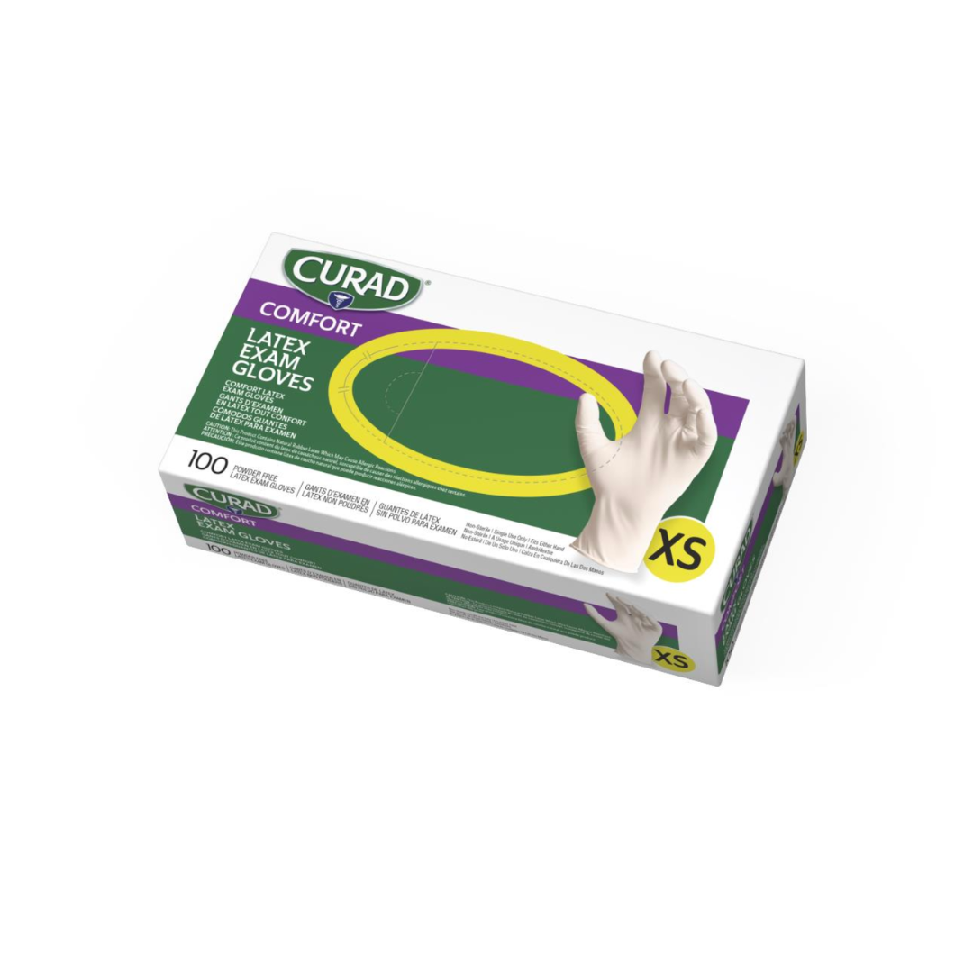 A box of Medline CURAD Powder-Free Textured Latex Exam Gloves, size XS, with 100 textured gloves. The packaging is green, white, and purple and features an image of a gloved hand on the front.